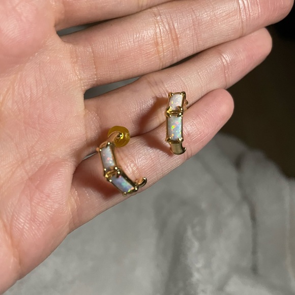 Jewelry - Gold Opal Inlay Huggie Earrings - White Opal Color
